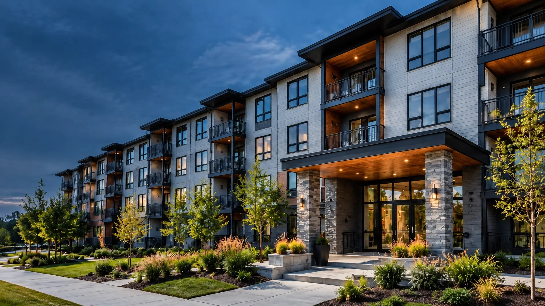 Modern renovated multi-family property at dusk